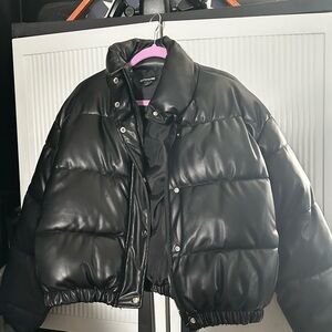Black Faux Leather Bubble Coat